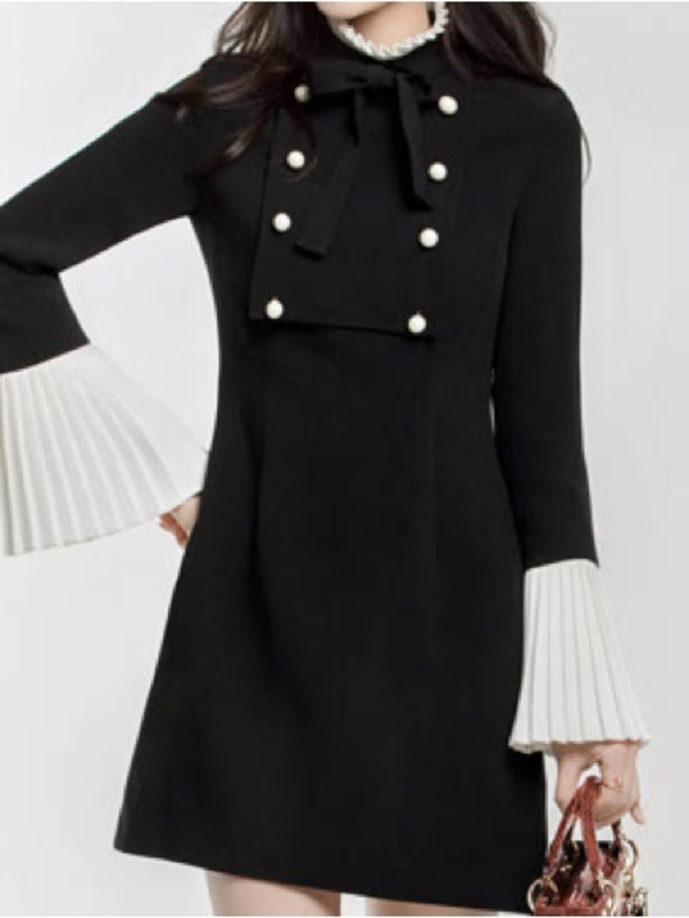 Long-Sleeve Dress Contrast Pleated Cuffs Military/French Style by Marie Elie